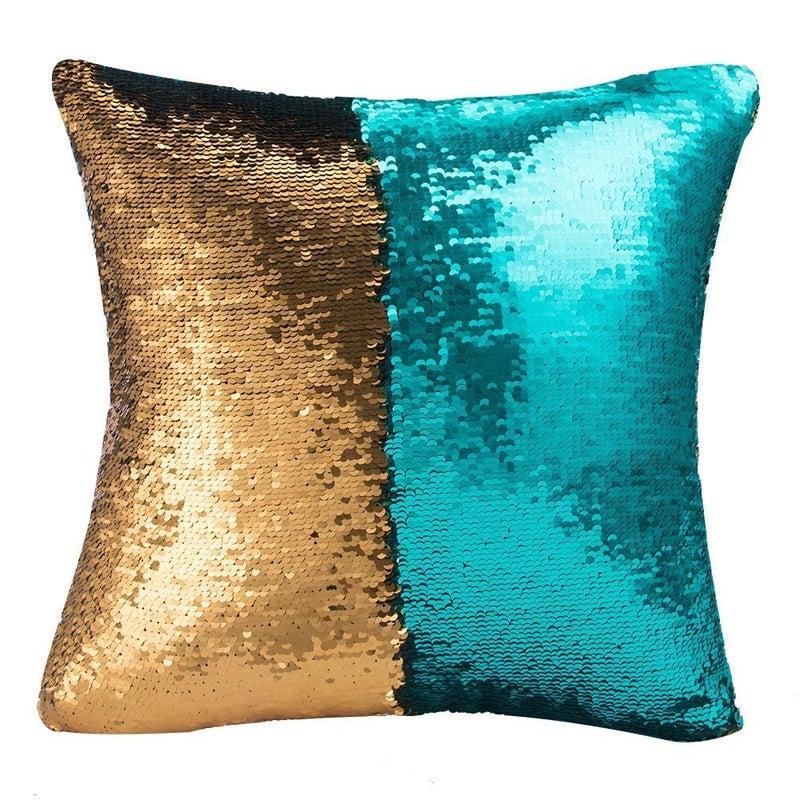 MOCOFO Spring Glitter Pillow Set of 2 Reversible Teal Magic Sequins Mermaid Pillow Cover Parkly Fun Flip Throw Pillow Blue to Gold/Silver Couch Color Changing Decor Cushion Covers for Kids16X16 - Image 2